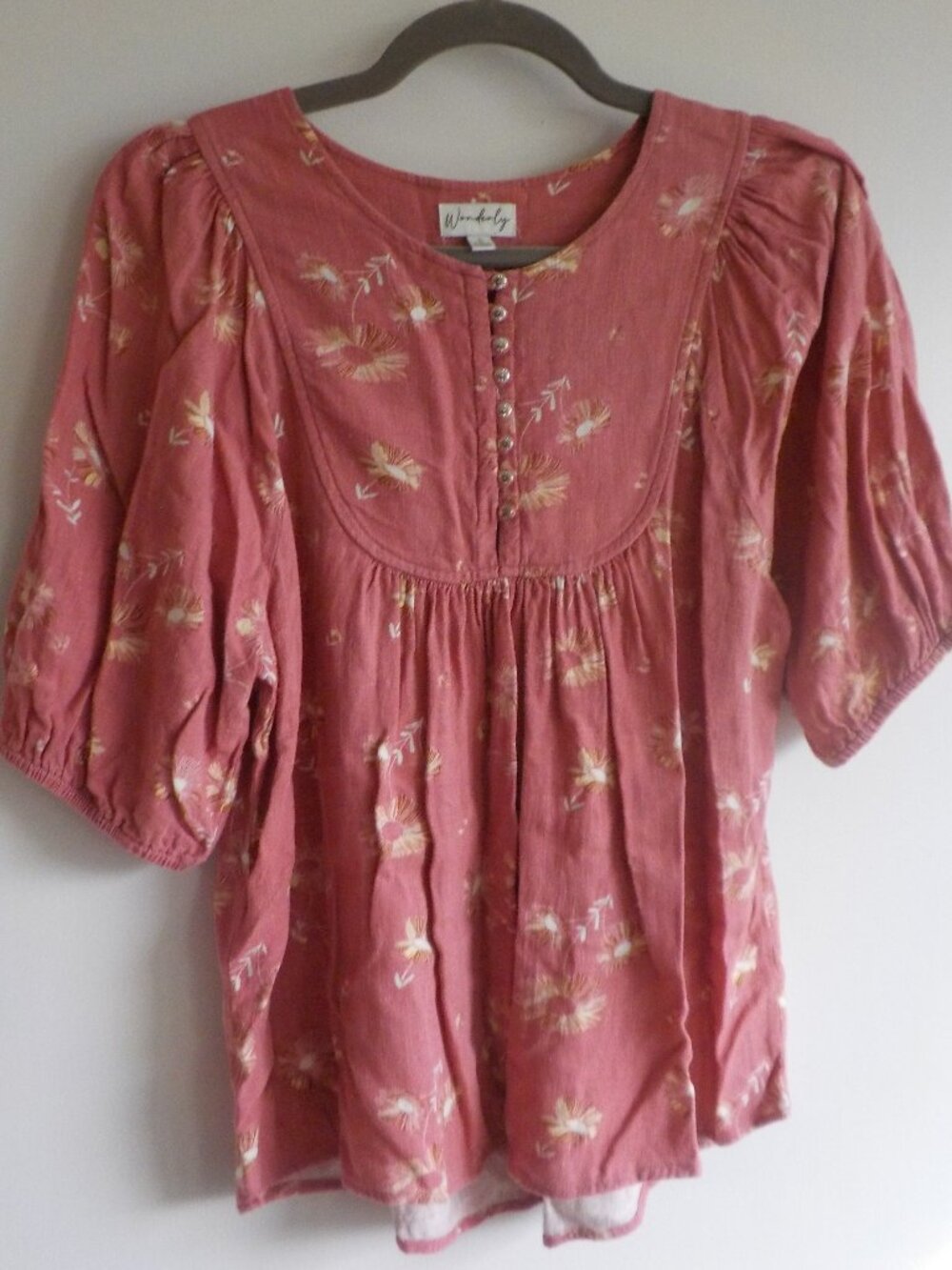 Wonderly Blouse - Small - Pink Floral Boho LINEN COTTON Puff Sleeves (2454)